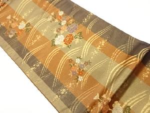 縞に牡丹・菊・桜模様織出し袋帯